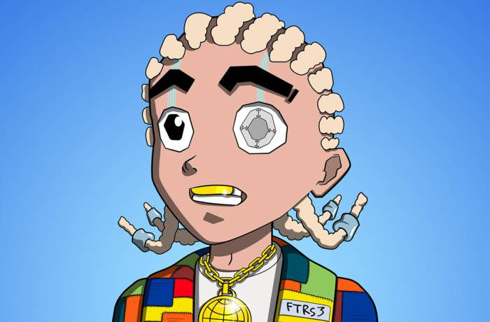 A cartoon of a man with one screw eye, wearing a multicoloured jacket, a gold necklace and blonde braids