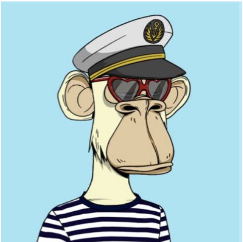 A cartoon monkey wearing a black and white striped top, a sailor hat and red heart shaped sunglasses