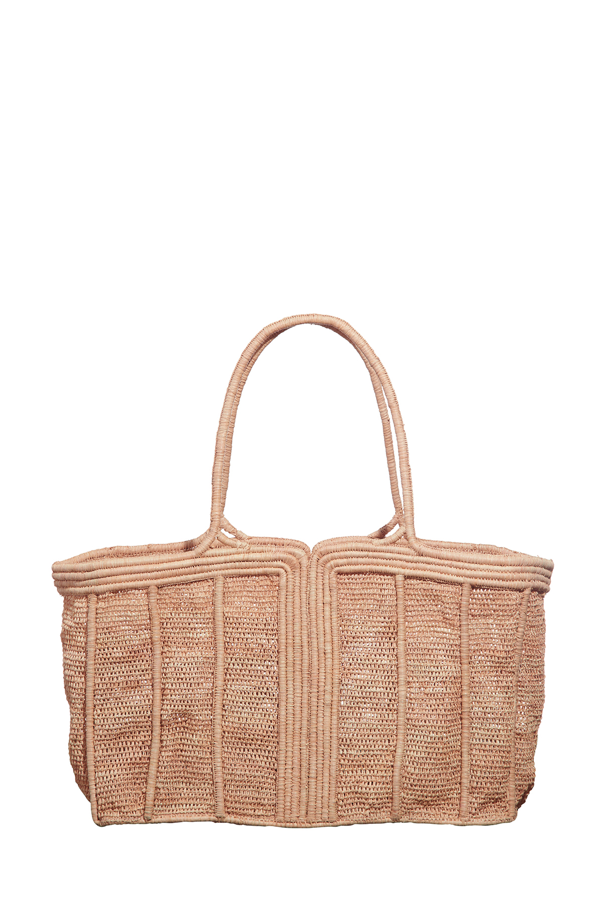 A beige bamboo grass woven beach bag