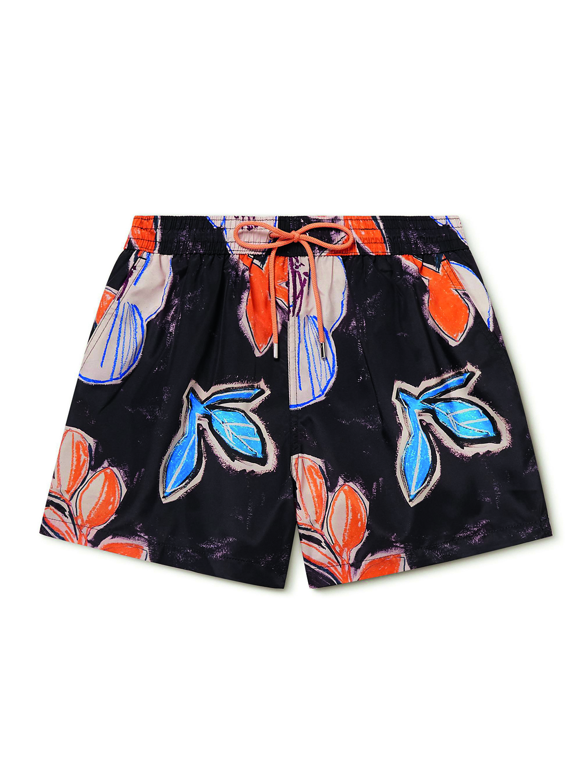 swimming trunks with blue and orange flowers on them