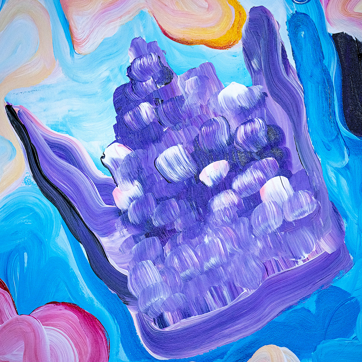 A painted purple crown on a blue background