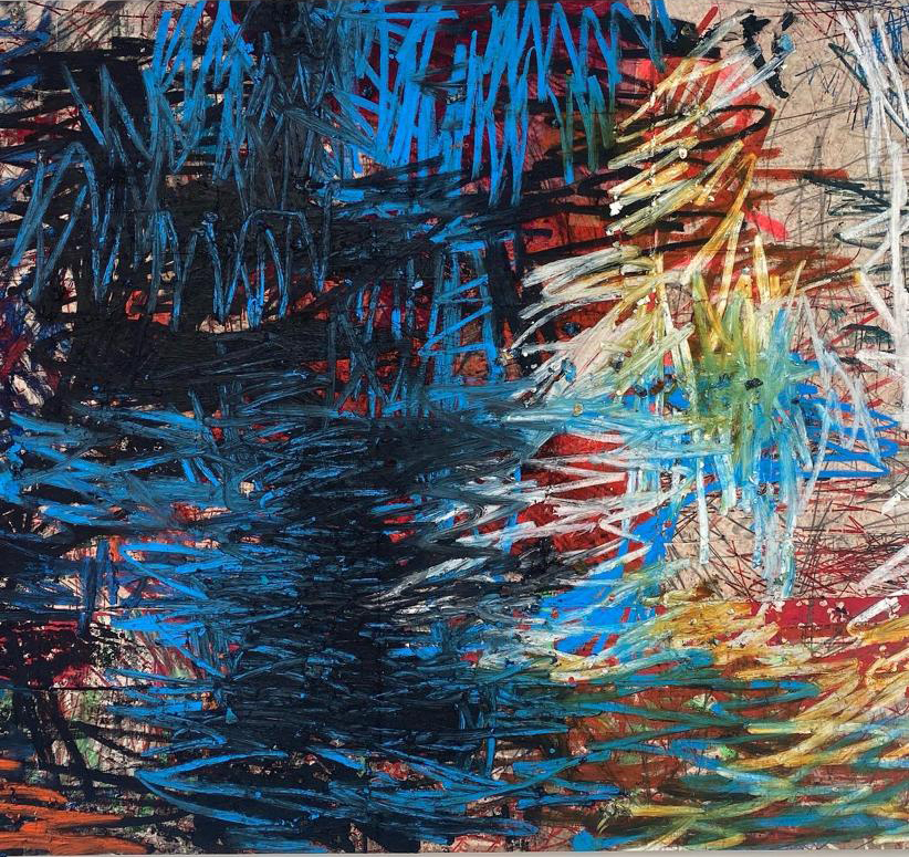 a canvas with blue, yellow, green and red squiggles on it