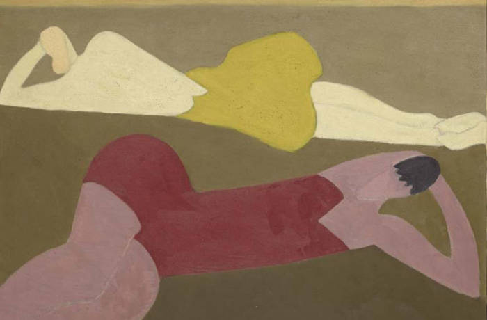 a painting of two women lying on the sand