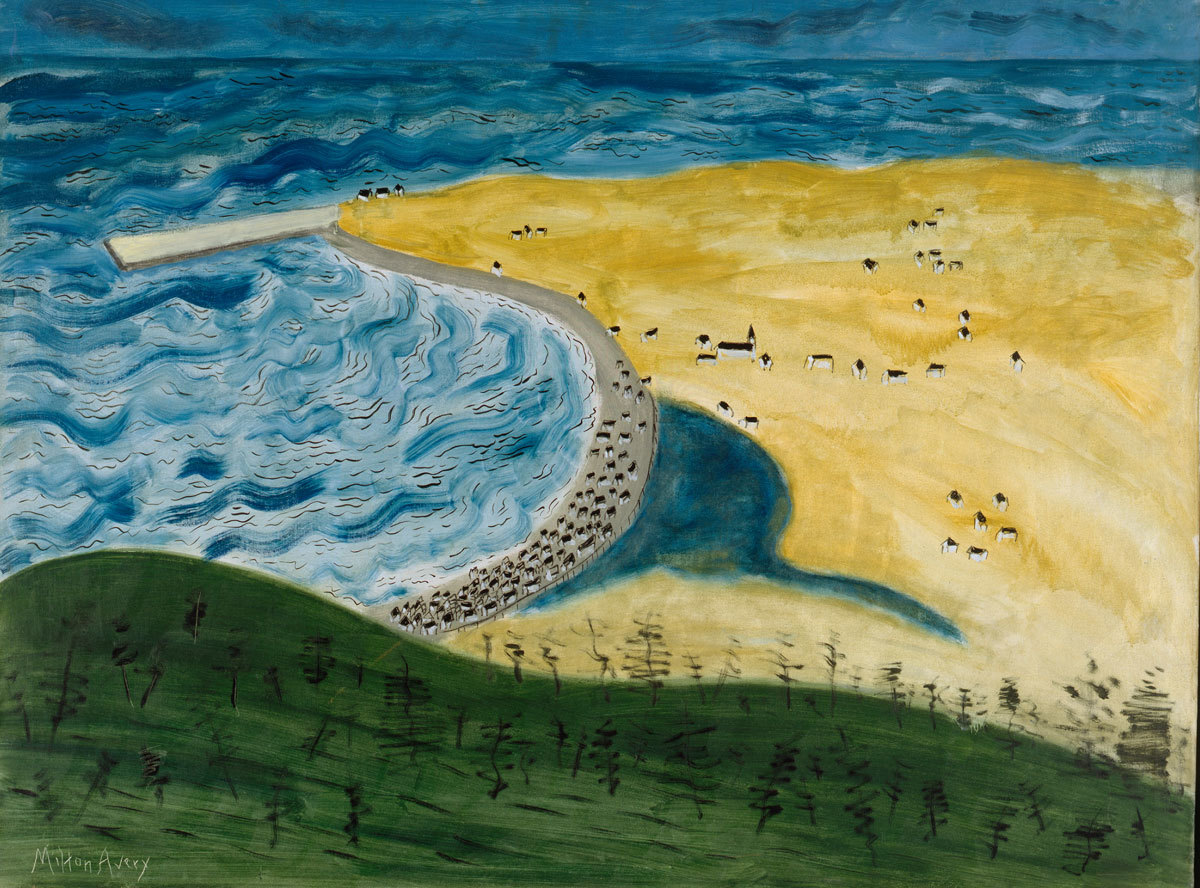 A painting of a beach from a green field