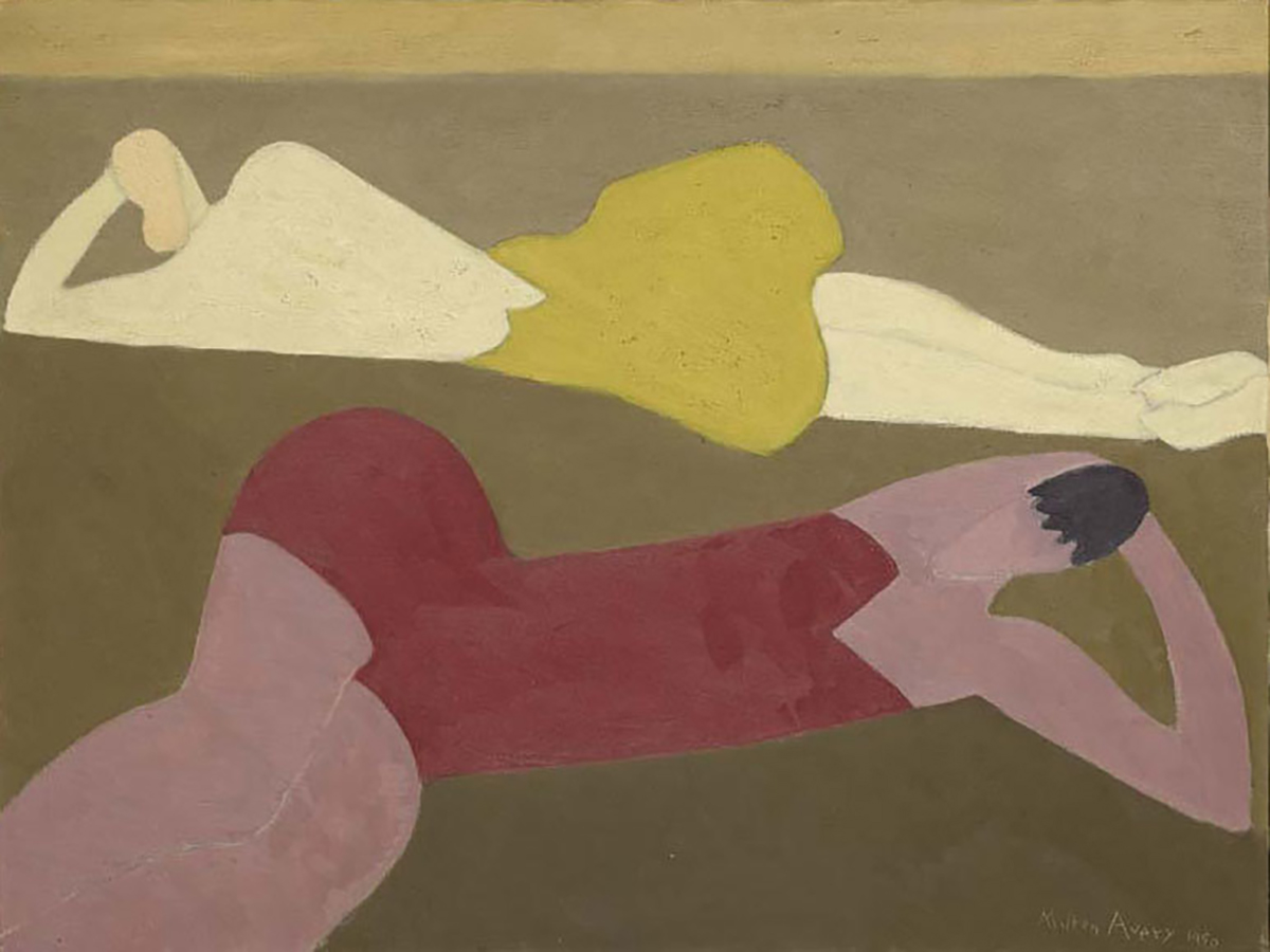 a painting of two women lying on the sand