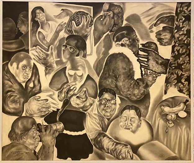 black and cream painting of people crowded together