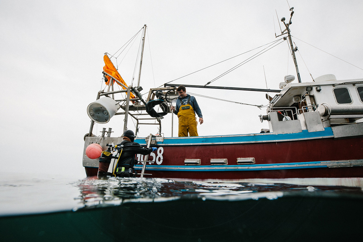 A man climbing on to a fishing boat from the sea