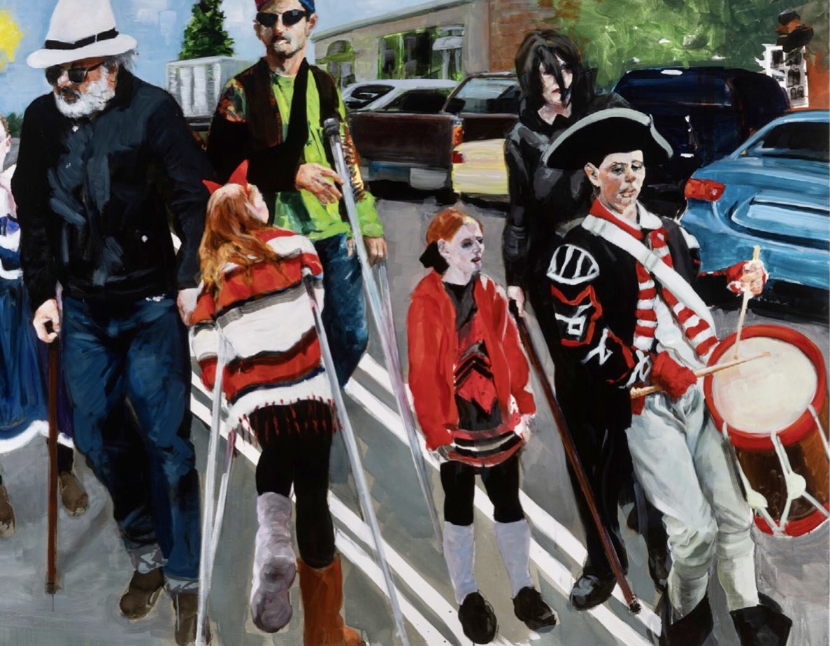 a painting of children in pirate costumes with crutches walking on a road