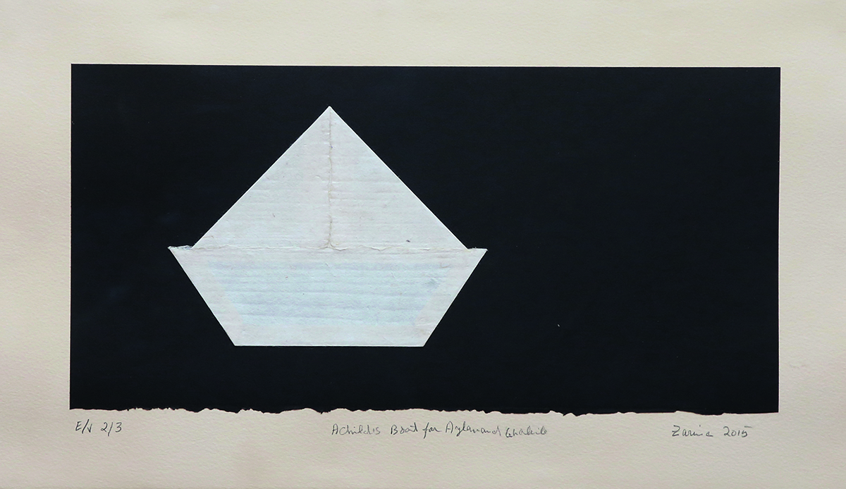A white paper sail boat on a black piece of paper