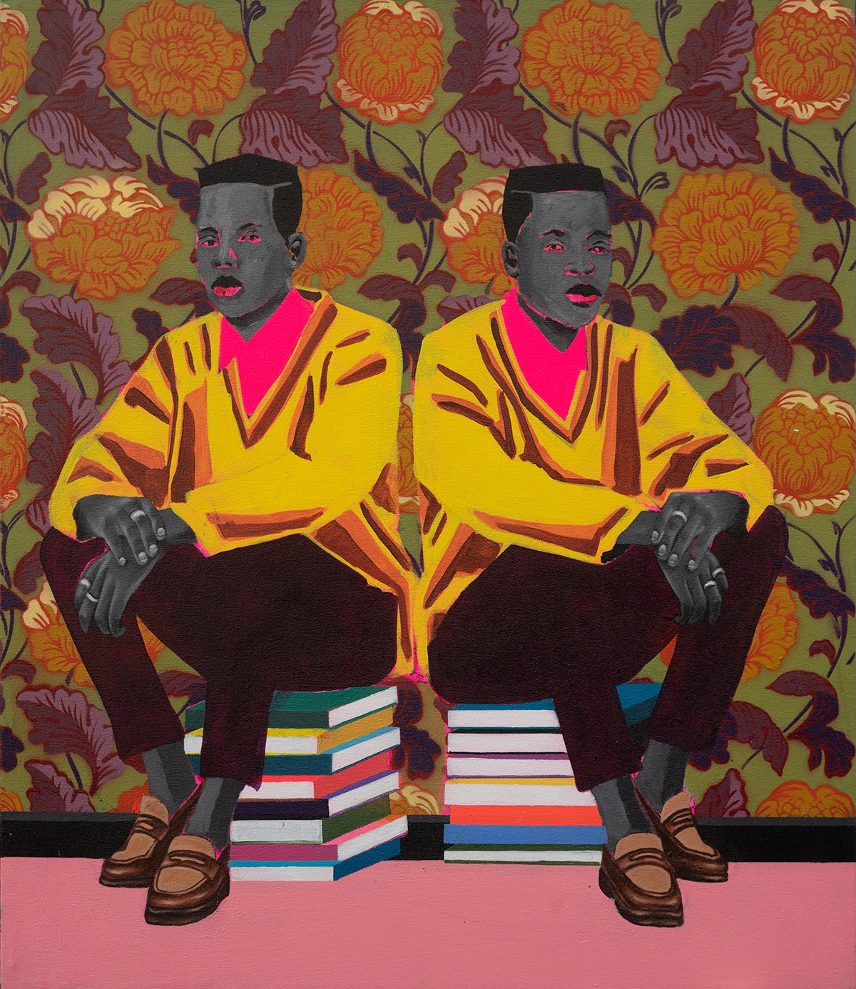 a painting of two men sitting on books wearing pink t shirts and yellow vneck jumpers