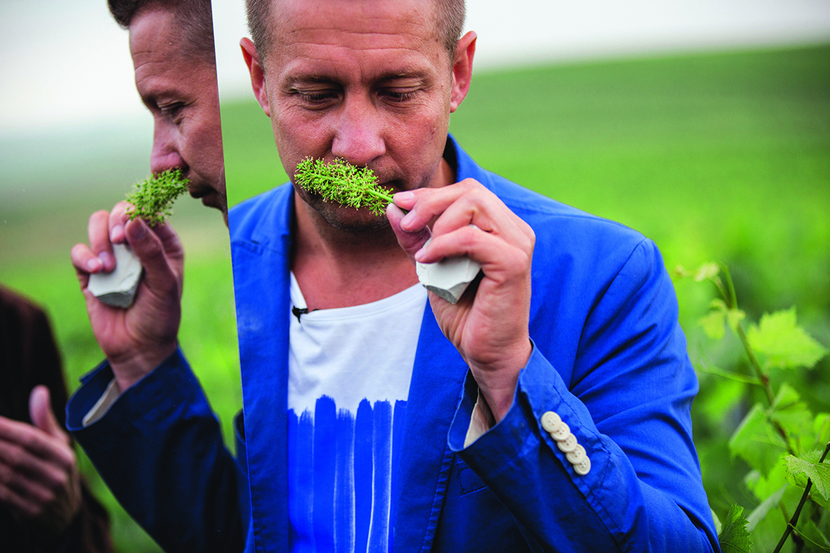 A man wearing a blue jacket smelling a plant 