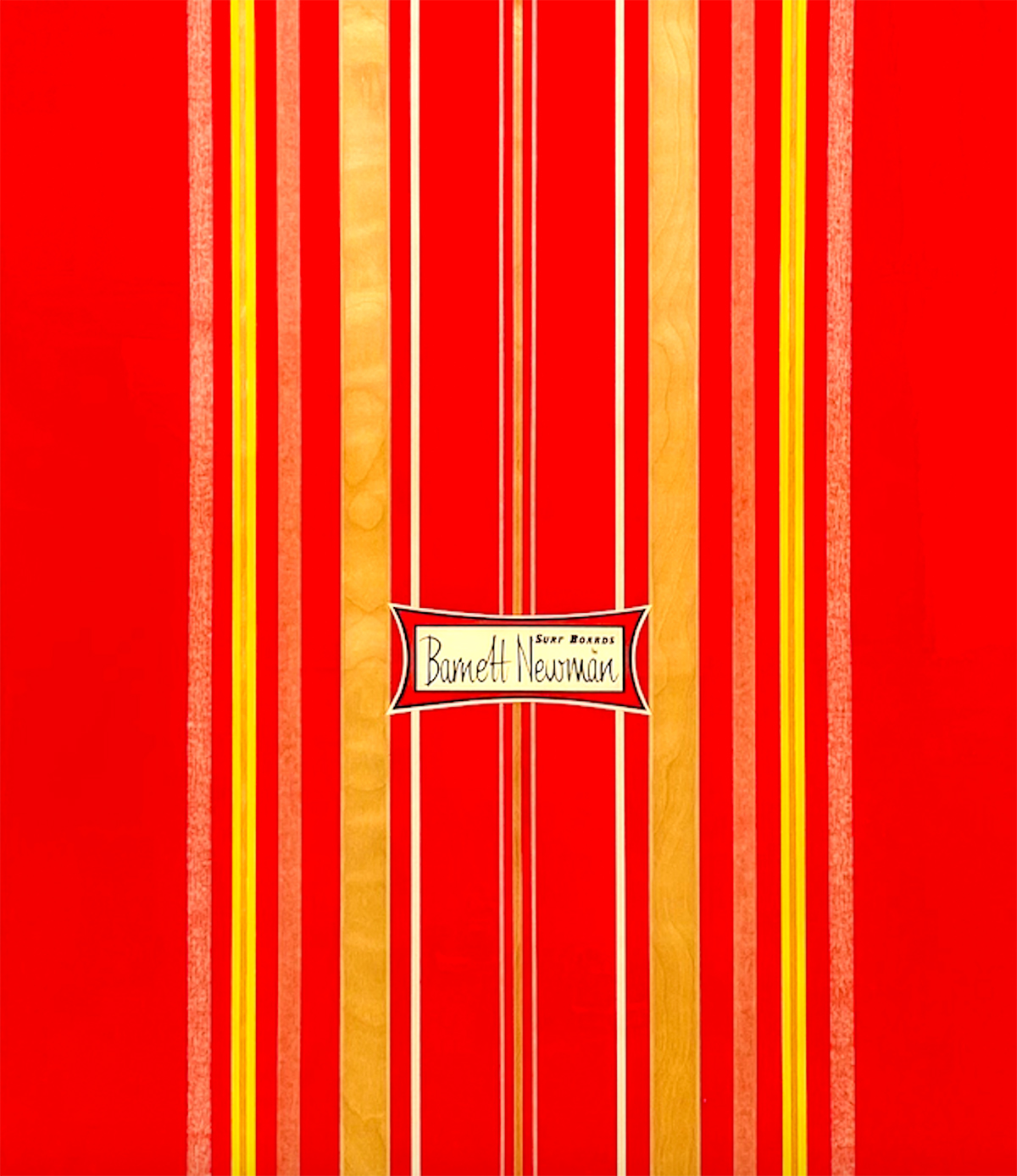 A red and yellow painting with 'Barnett Newman' written in the centre