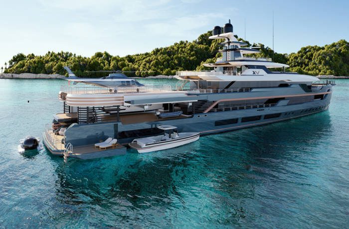 yacht in turquoise water and green island behind it