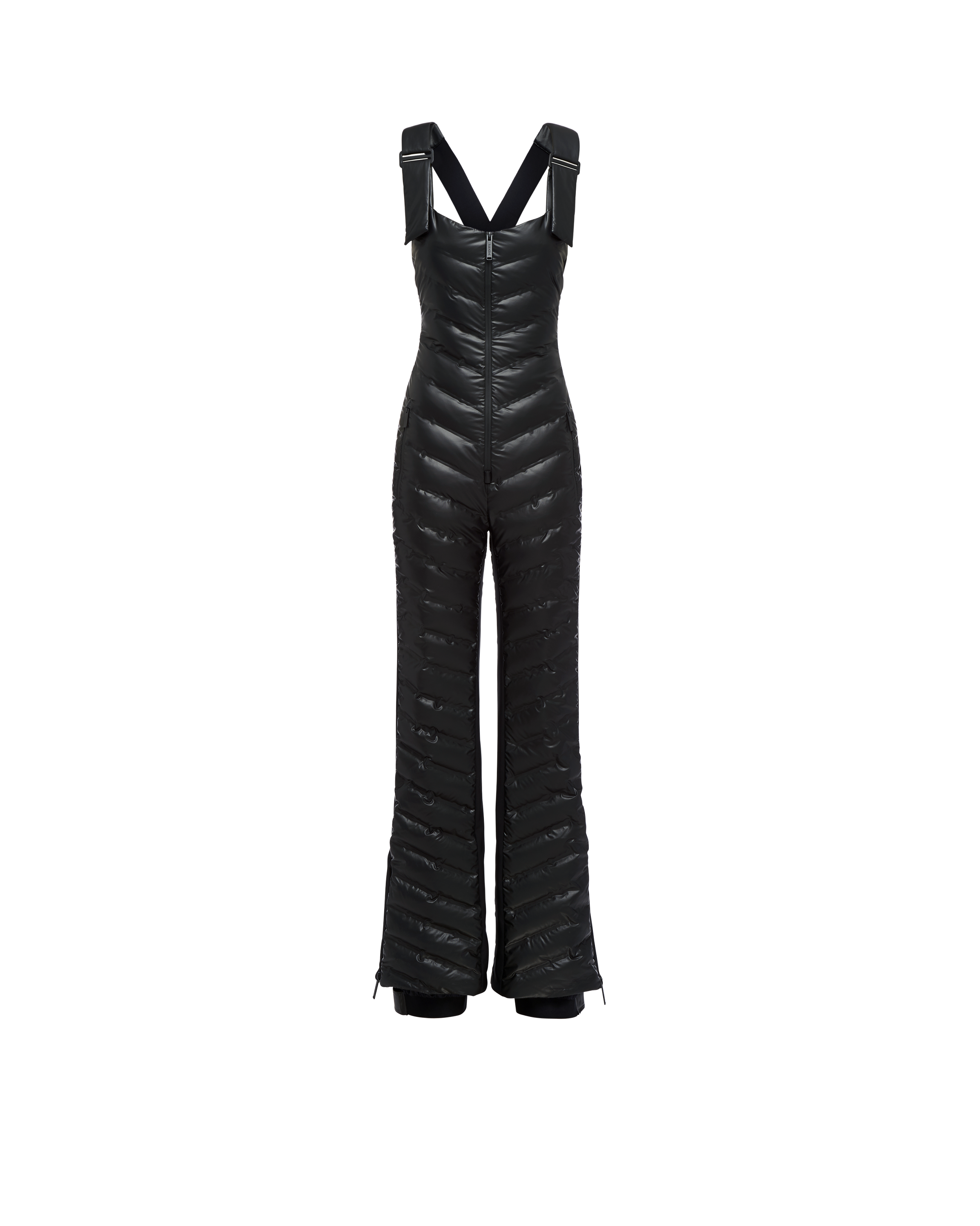 A black puffer ski suit