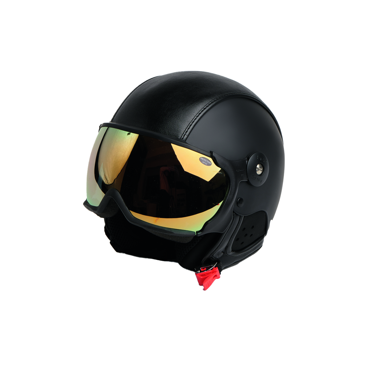 black leather helmet with yellow visor 