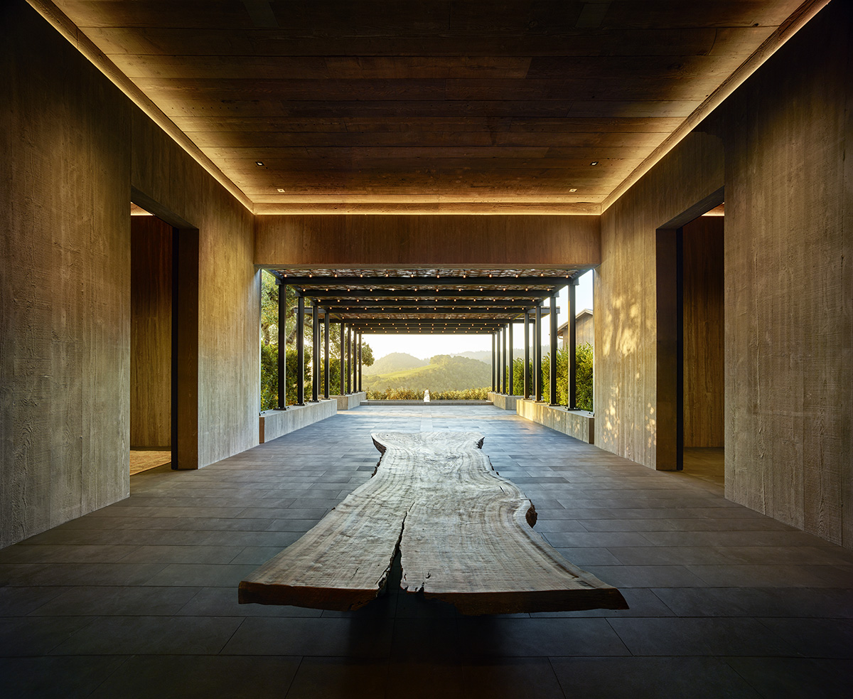 A corridor with a wooden plank leading to a view of vineyards