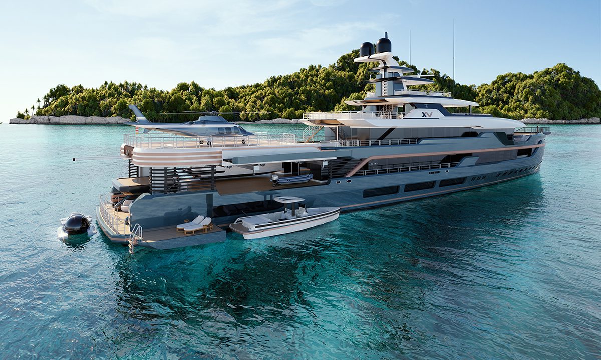 yacht in turquoise water and green island behind it