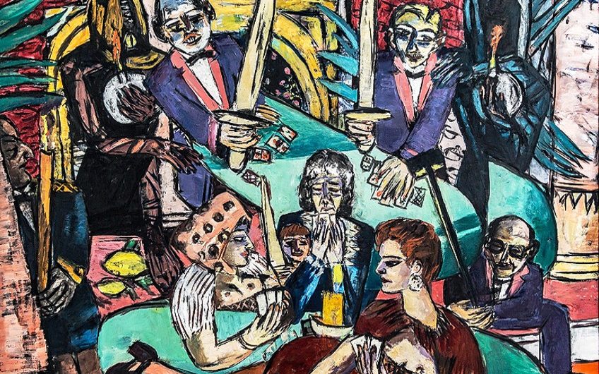 A painting of people eating and holding swords