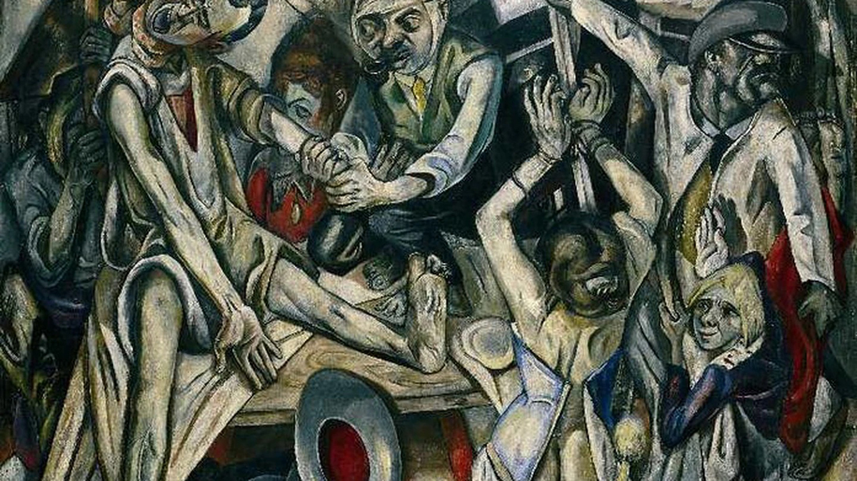 A grey painting of people suffering