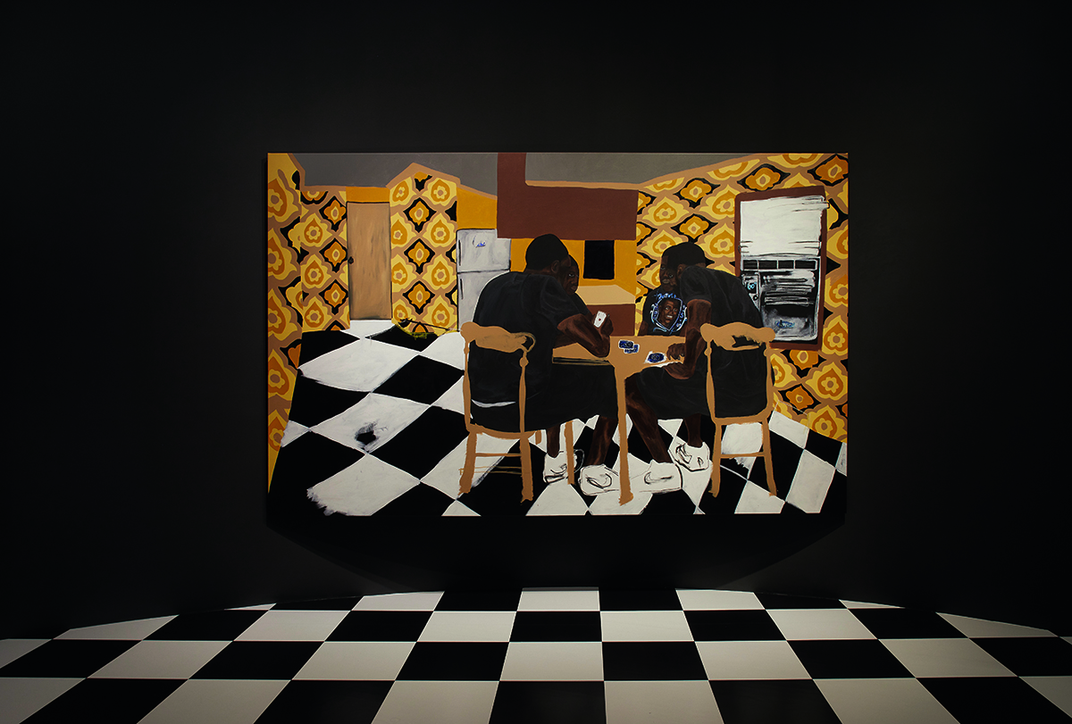 A black and white checked floor and a painting on the wall with yellow walls and a check floor