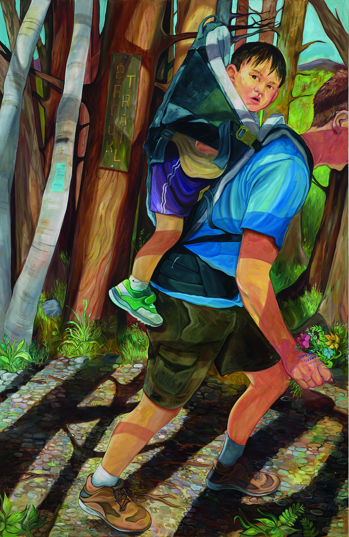 A painting of a boy on a mans back walking through a forest