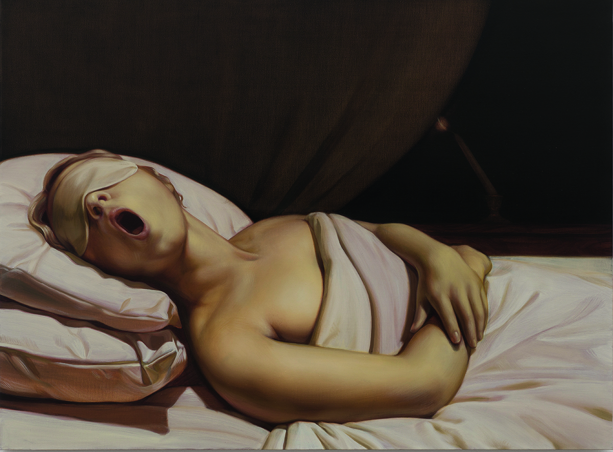 A painting of a woman sleeping in bed wearing an eye mask and yawning