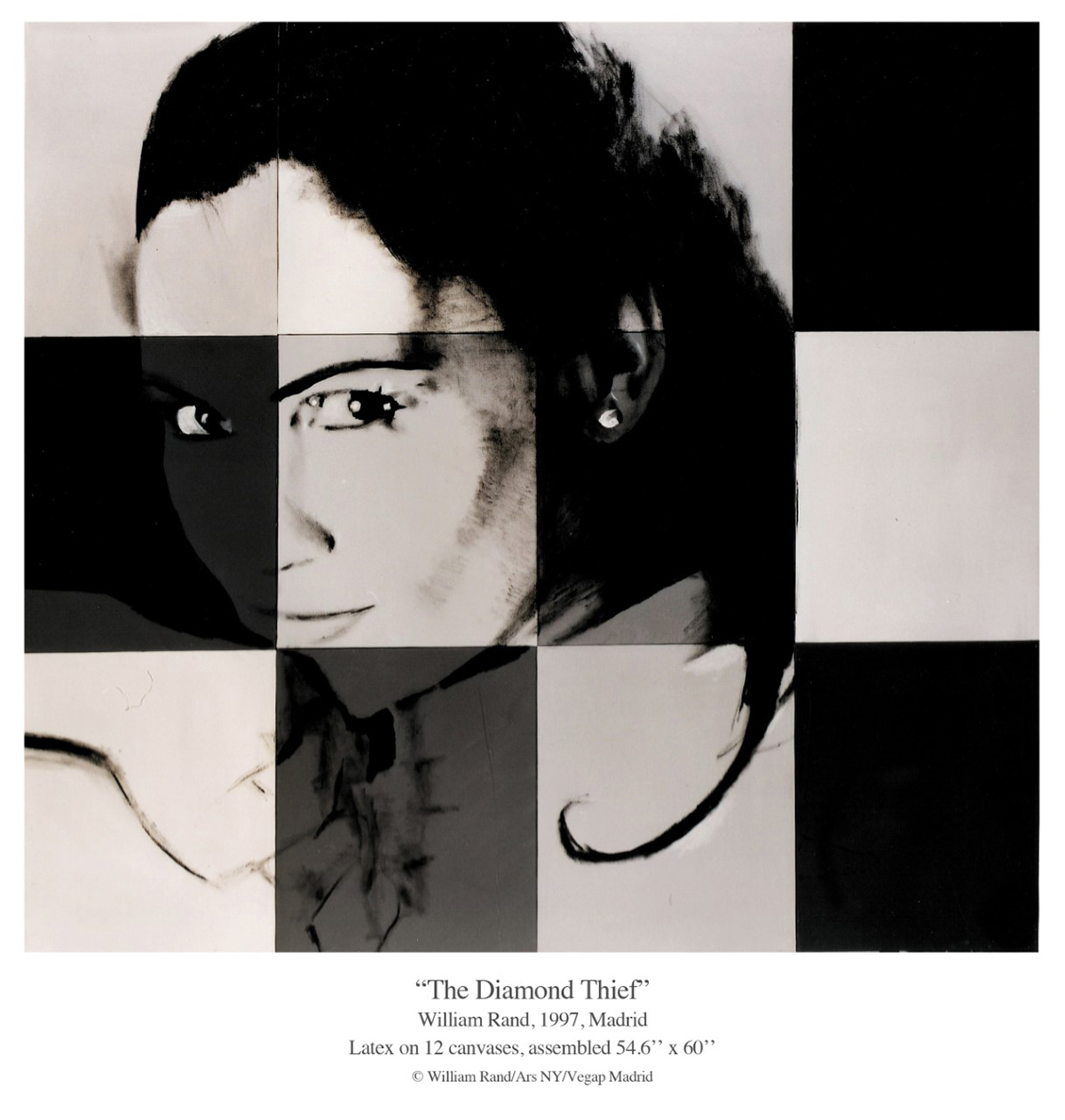 A collage with black and white squares and a woman's face