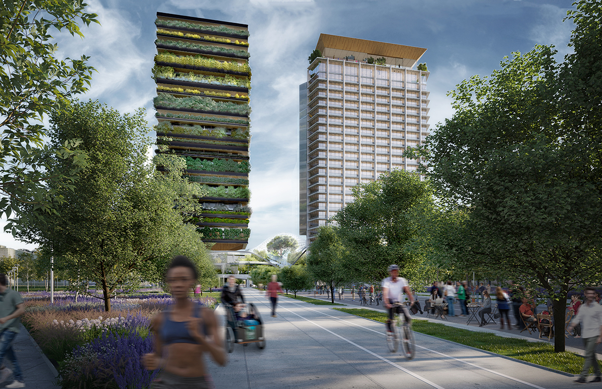 a street with trees and two tall buildings