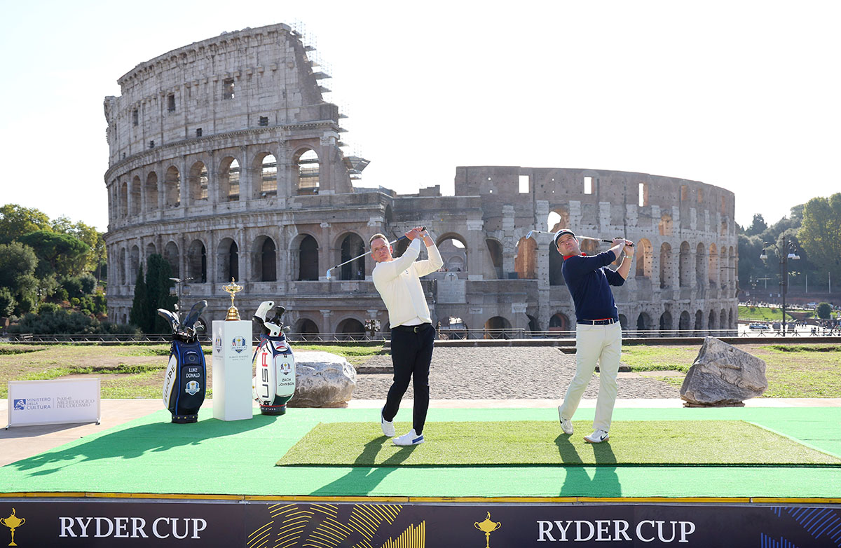 People playing golf in front of the Colosseum 