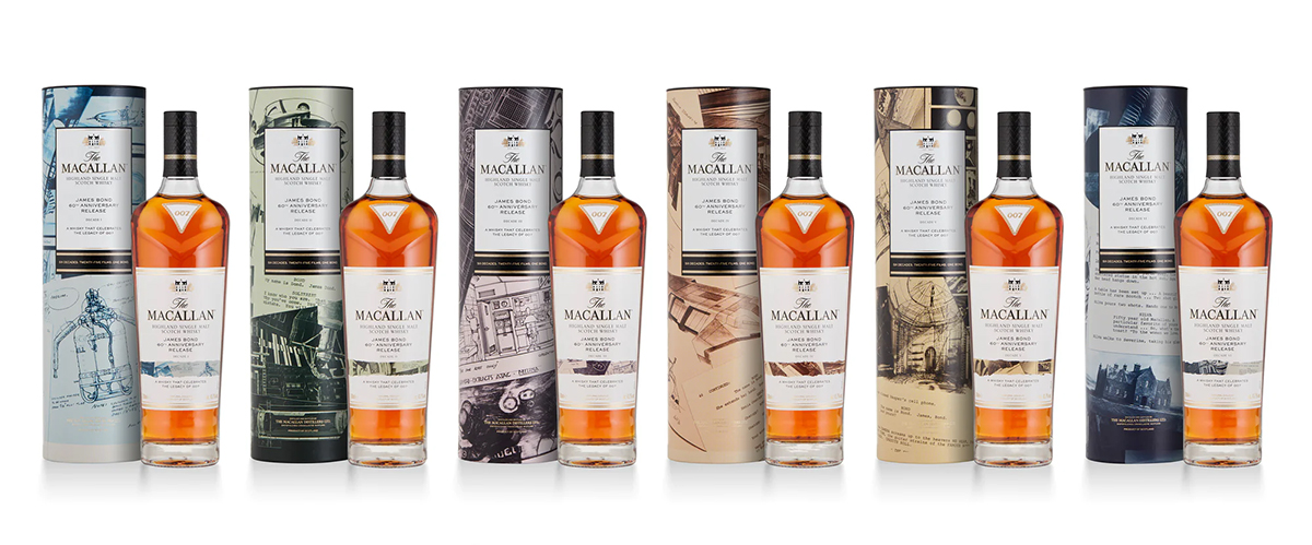 coloured cases of the Macallan James Bond 60th anniversary whiskies