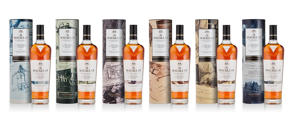 coloured cases of the Macallan James Bond 60th anniversary whiskies