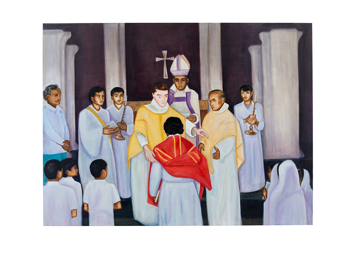 A painting of priests in a church