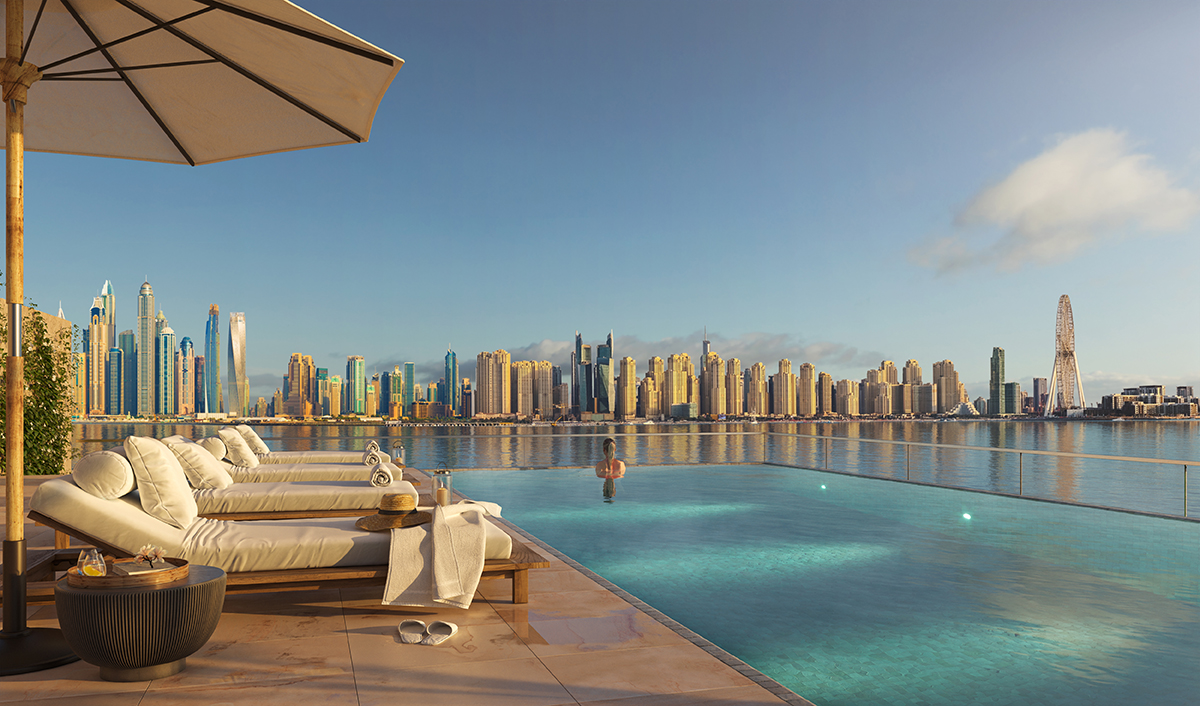 A swimming pool overlooking Dubai city