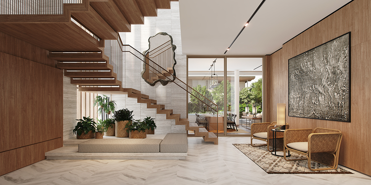 A wooden staircase in a minimalist designed hallway 