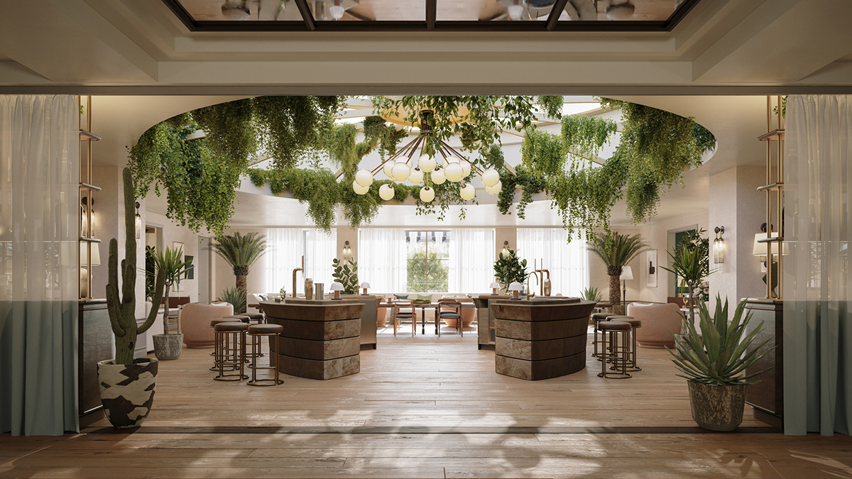 A hotel lounge with leaves hanging from the ceiling and plants on the floor
