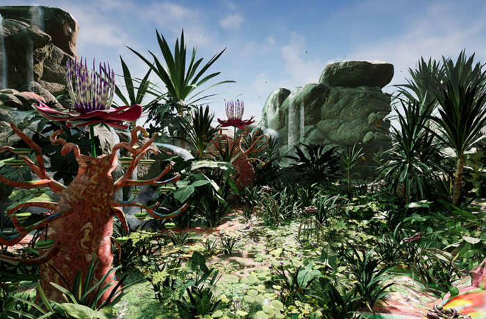 A virtual world with green plants and trees