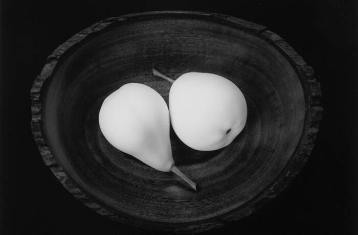 Black and white photo of two pears in a bowl