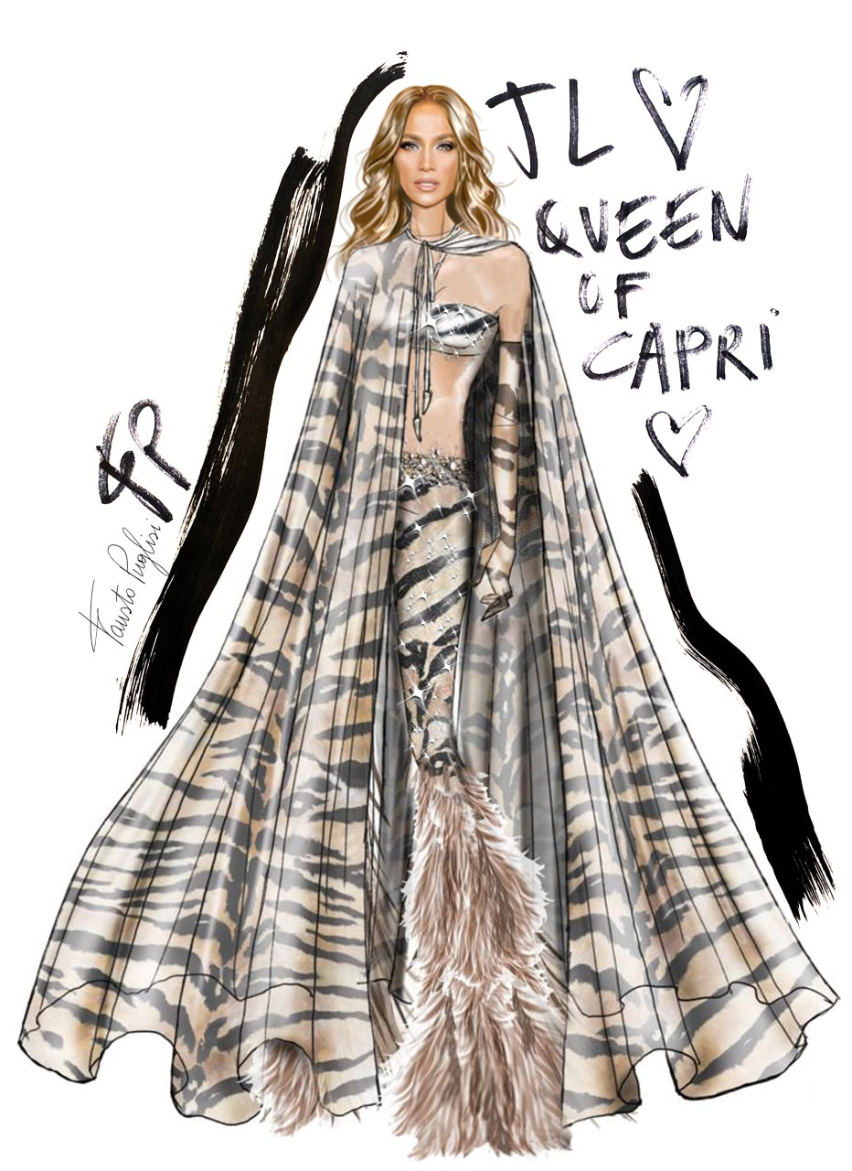 A sketch of Jennifer Lopez wearing a zebra print dress with comments around it