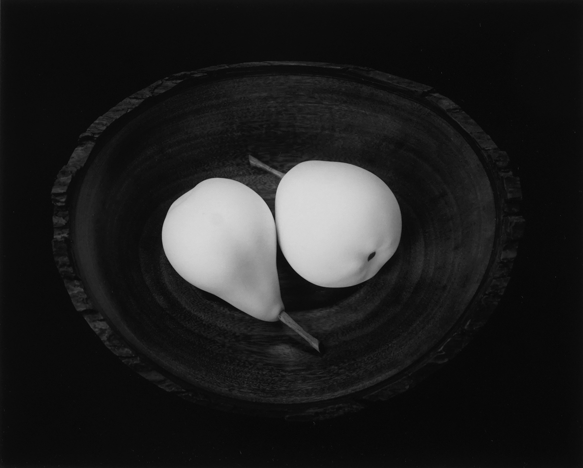 Black and white photo of two pears in a bowl