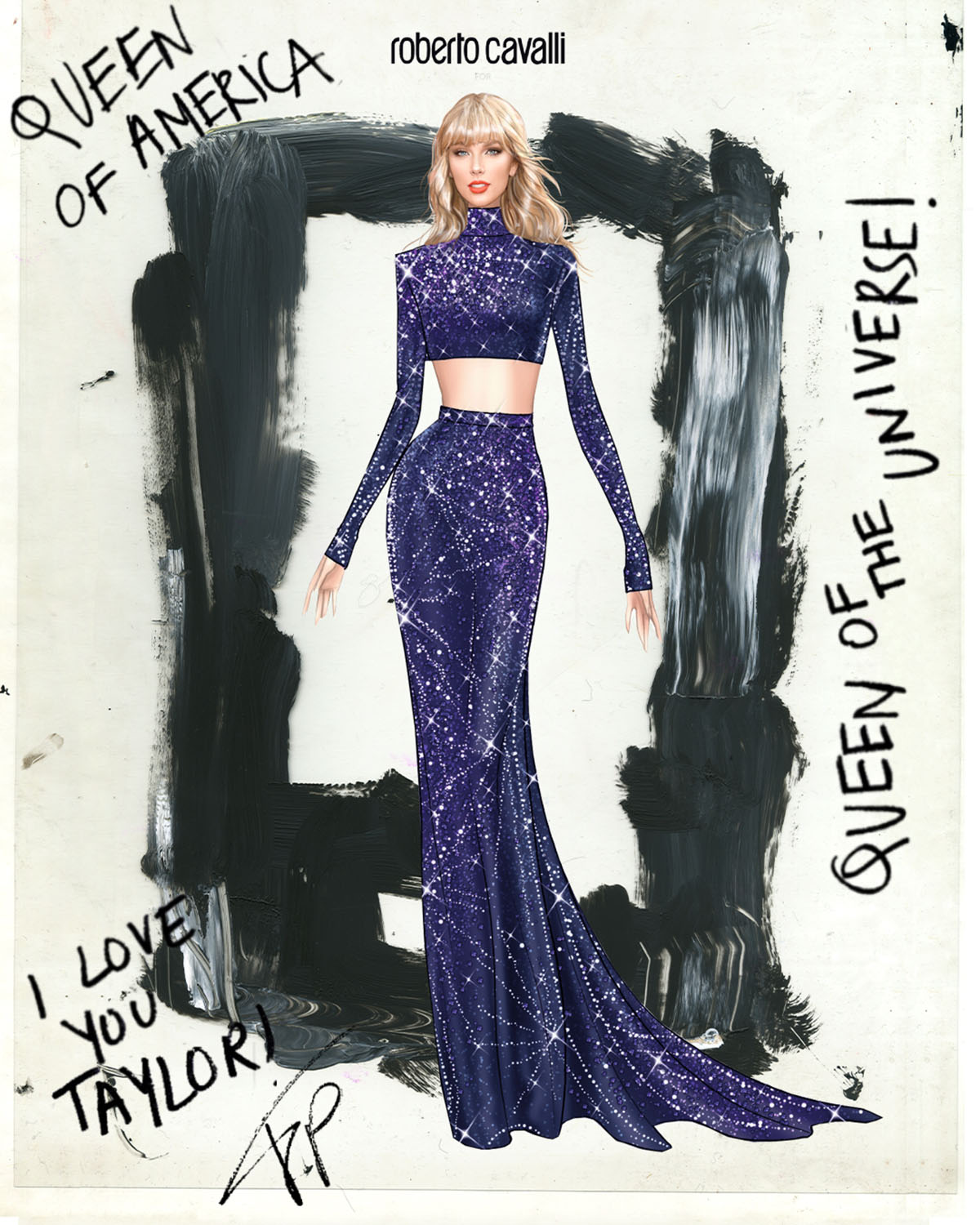 A sketch of Taylor Siwft wearing a sparkly purple long sleeve crop top and maxi skirt with comments around it 