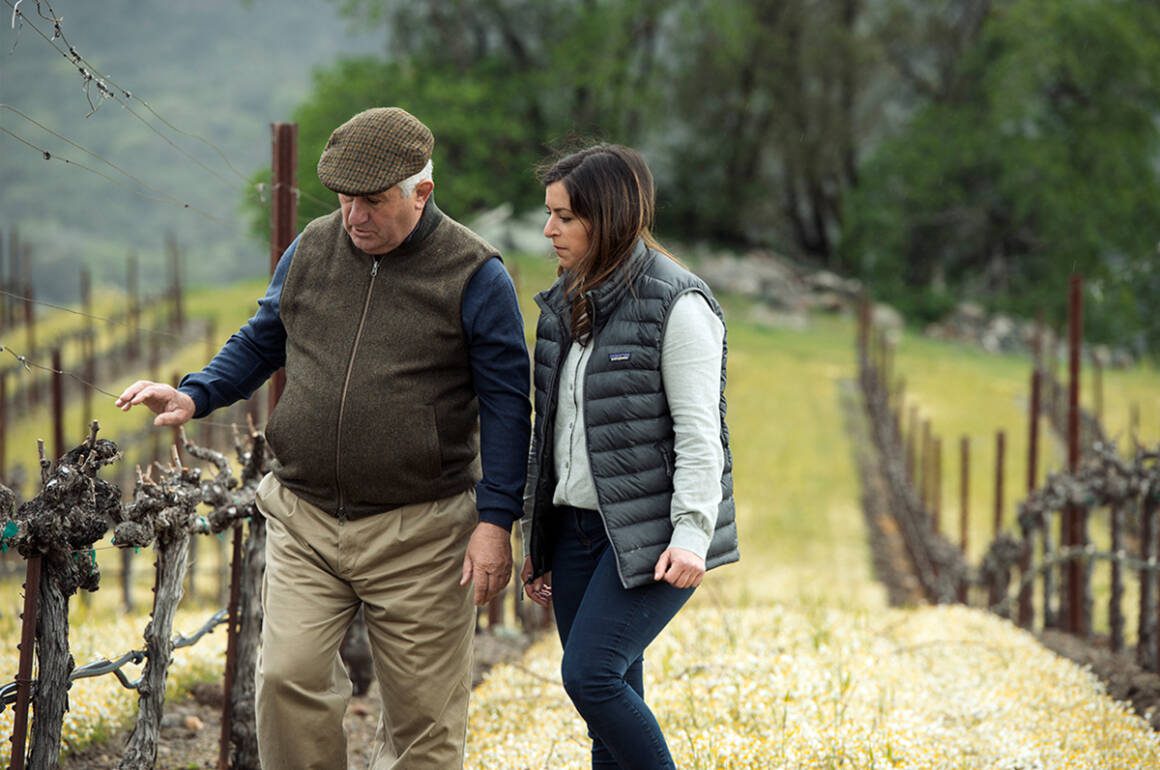 a man and woman walking in a vineyard