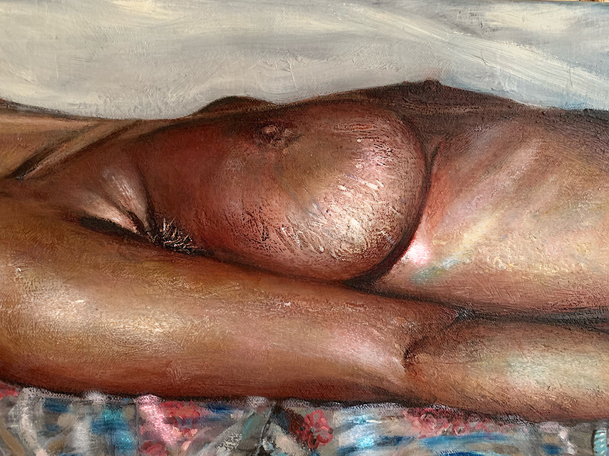 a painting of a woman lying down naked with her breast on show