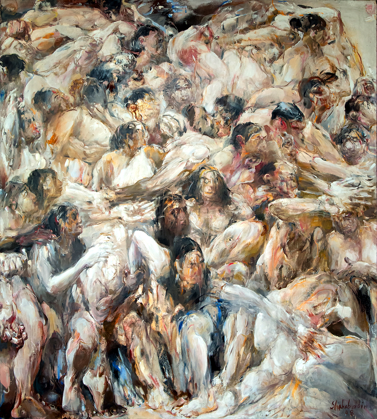 A painting of lots of people huddled together