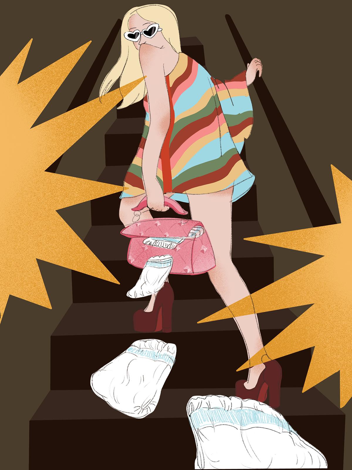 A cartoon of a woman in a multi coloured dress walking up the stairs in high heels with nappies falling out her bag