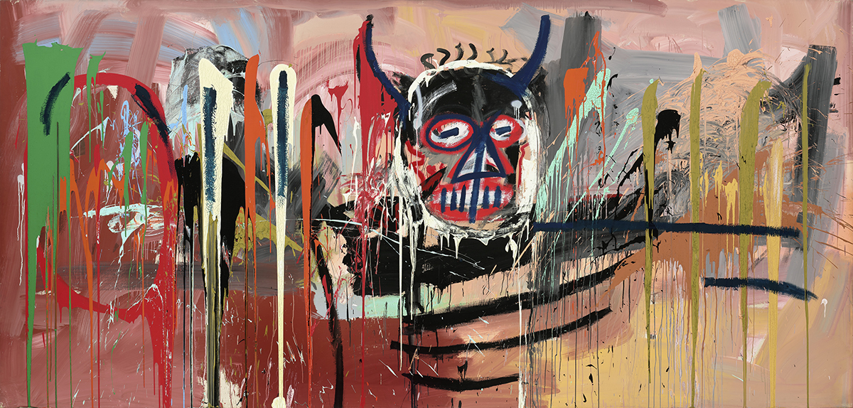 A painting of a devil with red, green and black paint dripping on the canvas