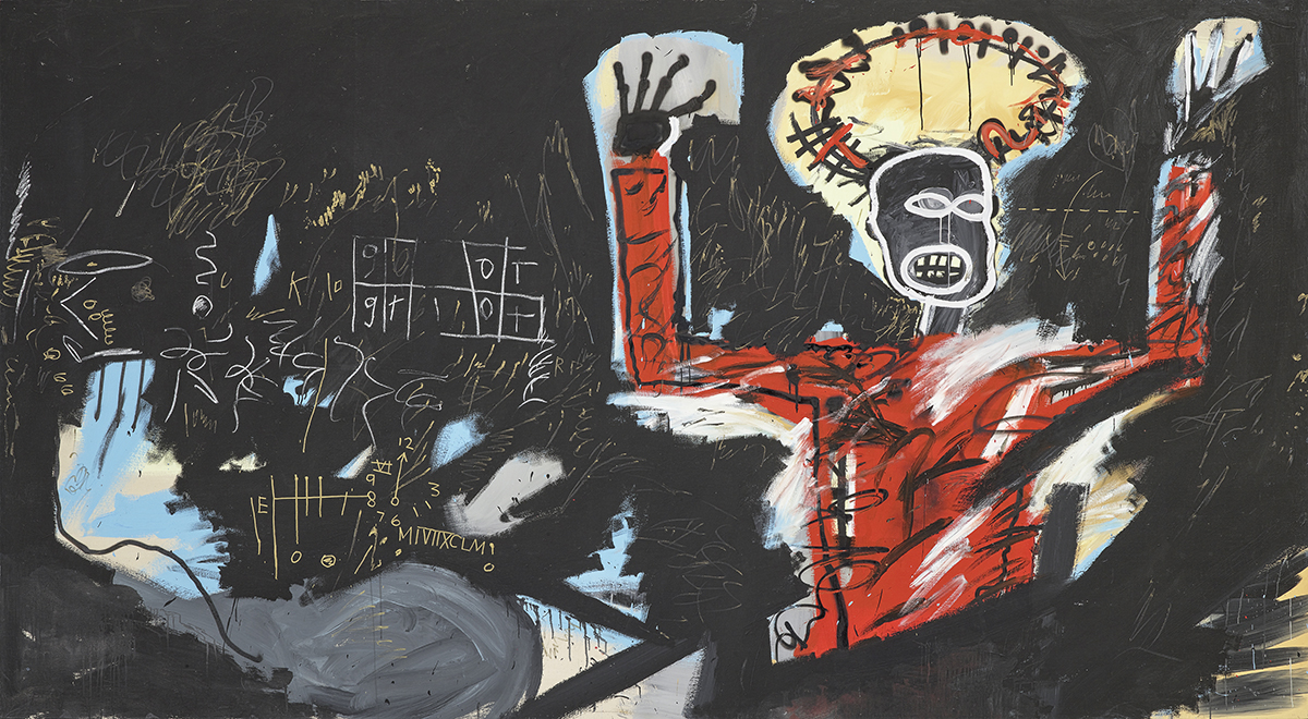 A painted black canvas with bits of blue and a devil with his hands in the air wearing red