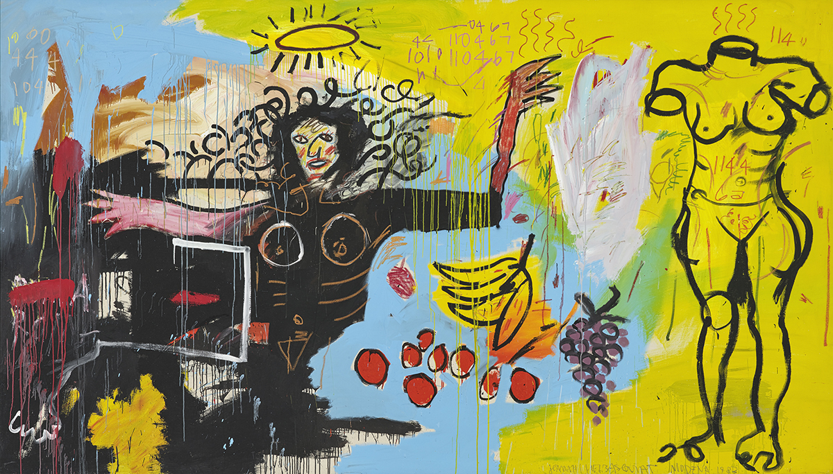 A yellow and blue painted canvas with a black painted woman and a body on the side