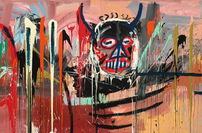 A painting of a devil with red, green and black paint dripping on the canvas