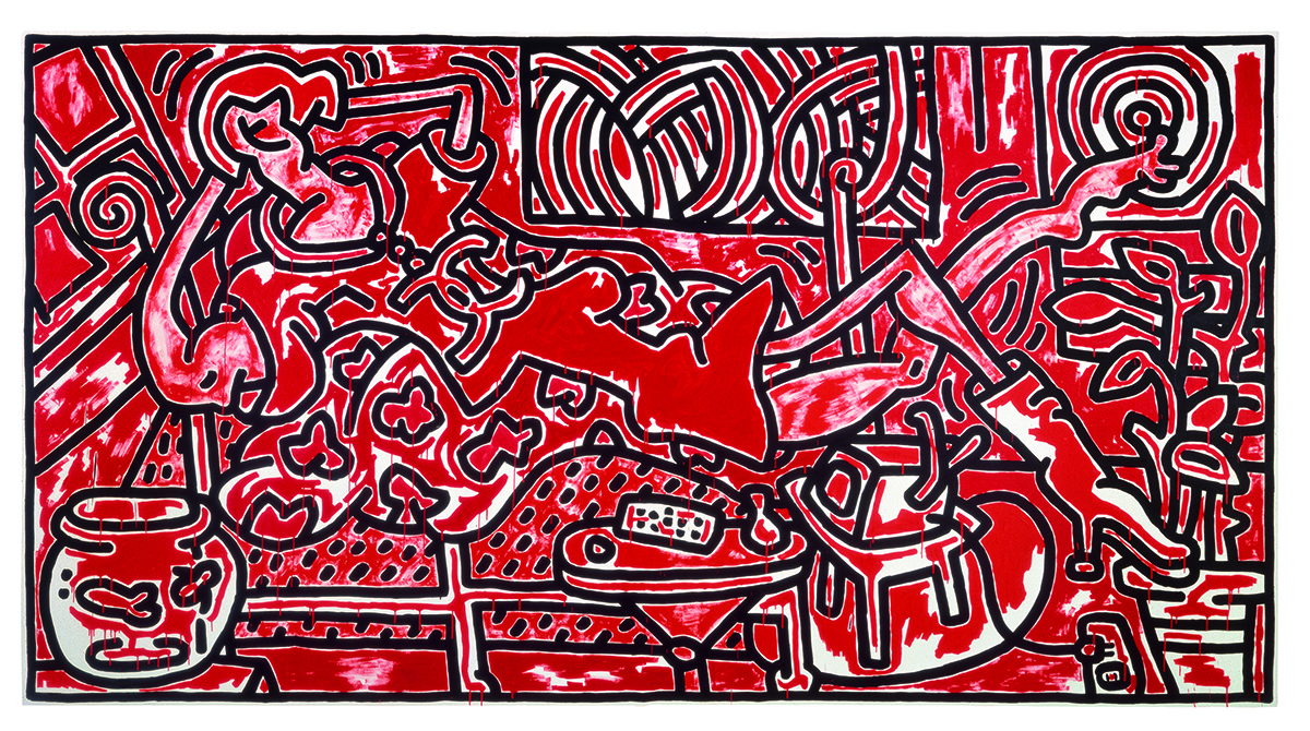 A red and black painting of doodles