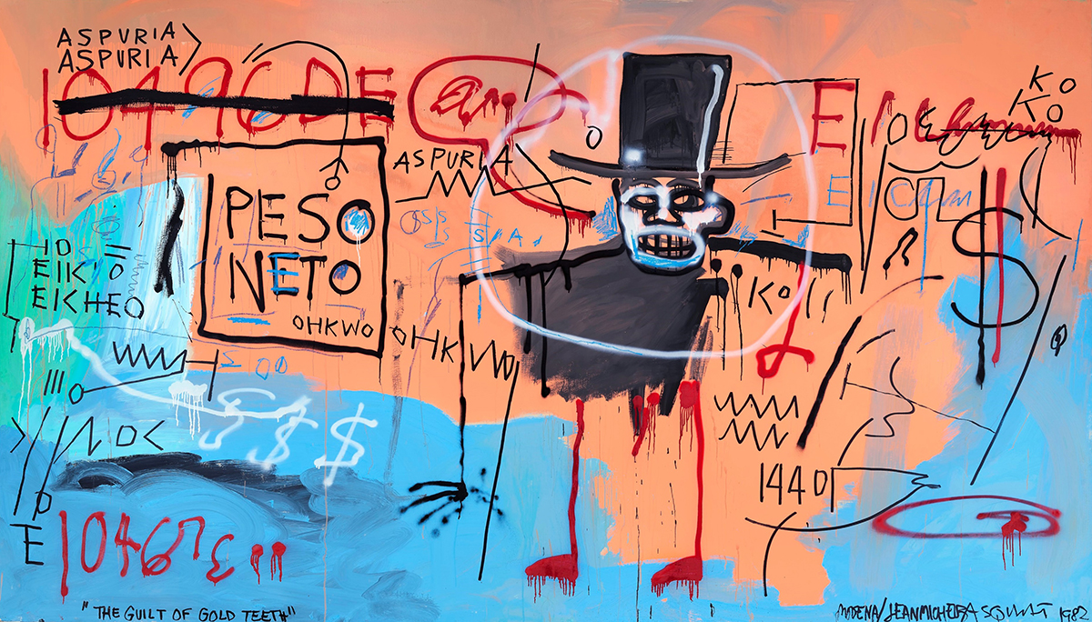 A painting of a stick man with a body and top hat in black on a pink and blue painted canvas